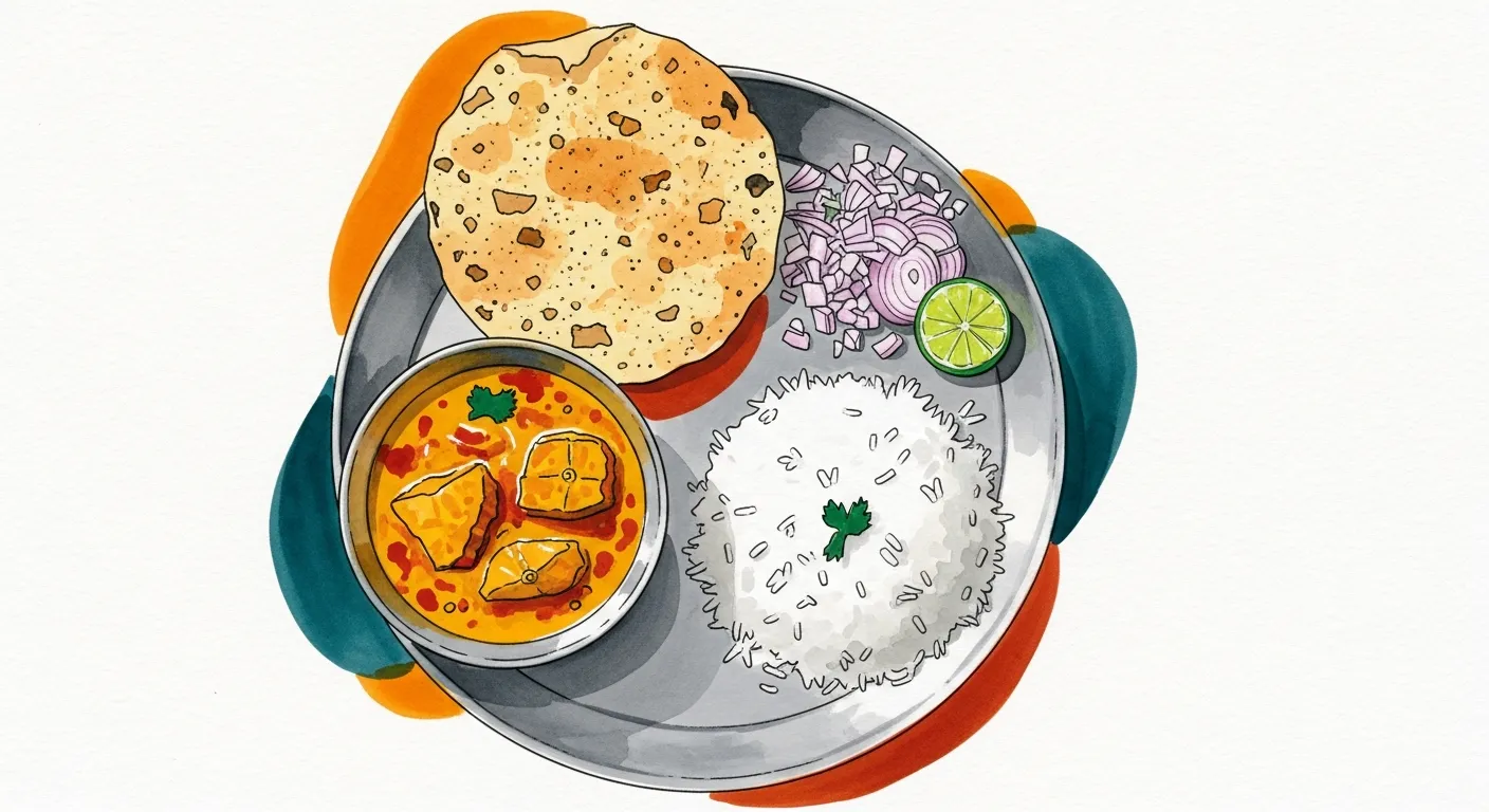 Fish curry thali with smashed white onion