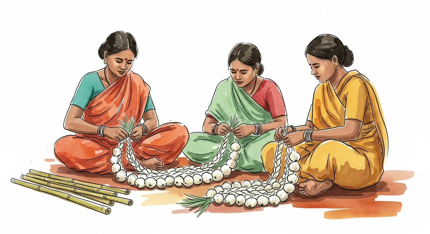 Women braiding white onion venis