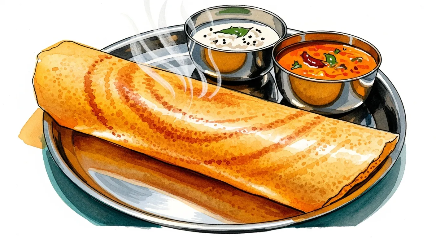 Golden dosa with coconut chutney, watercolor illustration