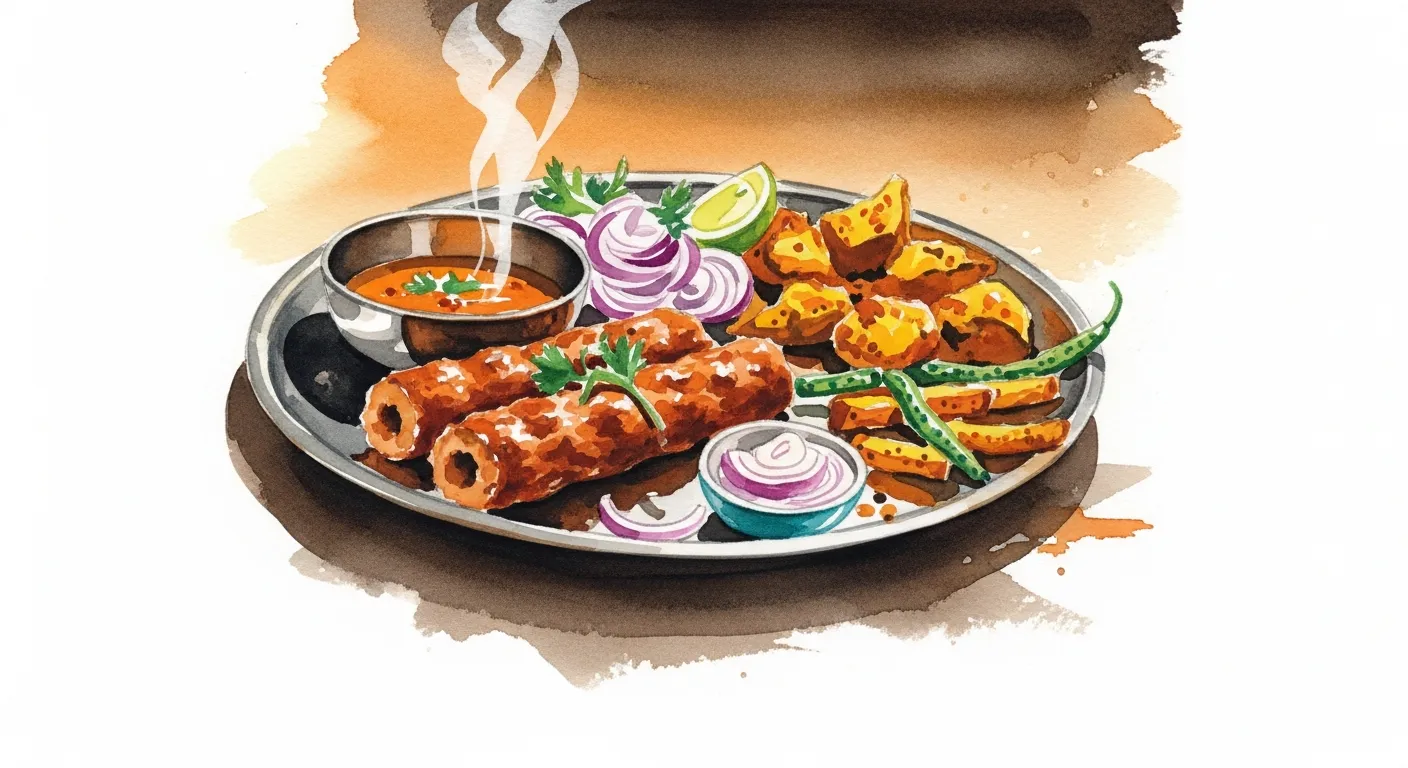 Seekh kebabs and bheja fry at Sarvi restaurant, watercolor